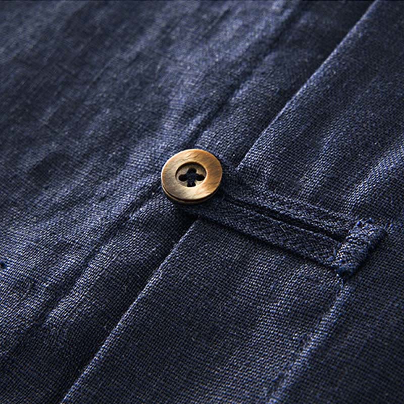 Buddha Stones Solid Summer Short Sleeve Buttons Linen Men's Shirt With Pockets