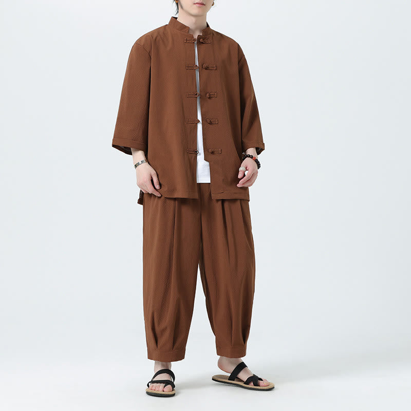 Buddha Stones 2Pcs Solid Frog-Button Three Quarter Sleeve Shirt Pants Men's Set