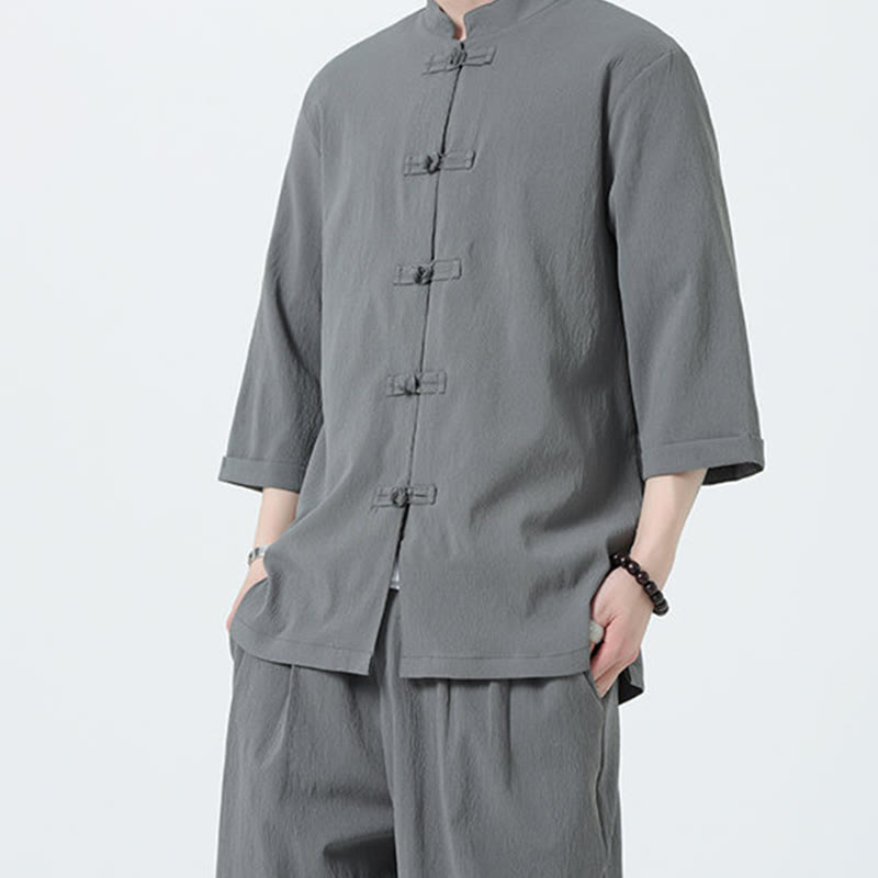 Buddha Stones 2Pcs Solid Frog-Button Three Quarter Sleeve Shirt Pants Men's Set