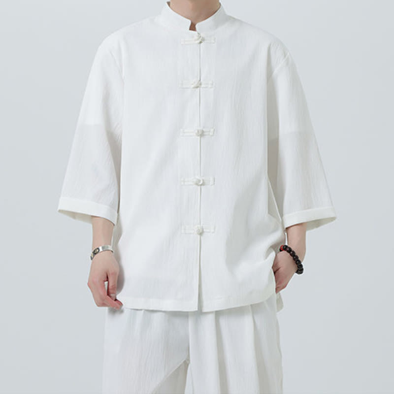 Buddha Stones 2Pcs Solid Frog-Button Three Quarter Sleeve Shirt Pants Men's Set