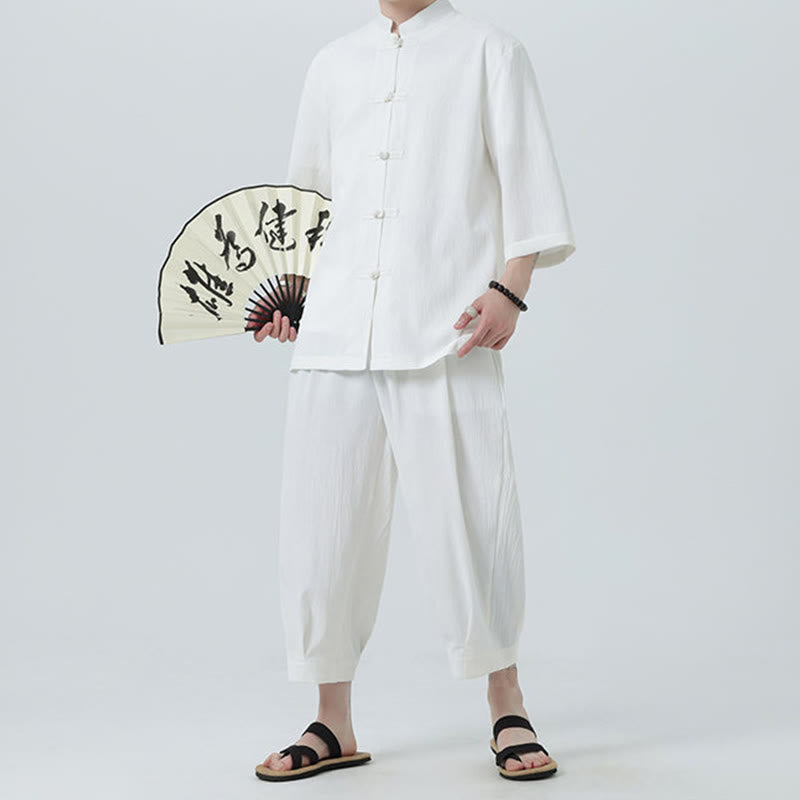Buddha Stones 2Pcs Solid Frog-Button Three Quarter Sleeve Shirt Pants Men's Set