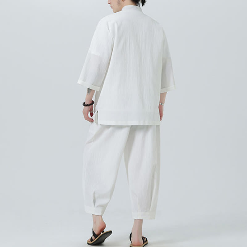 Buddha Stones 2Pcs Solid Frog-Button Three Quarter Sleeve Shirt Pants Men's Set