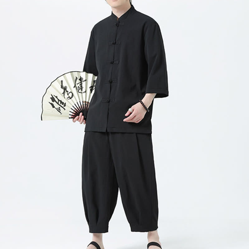 Buddha Stones 2Pcs Solid Frog-Button Three Quarter Sleeve Shirt Pants Men's Set
