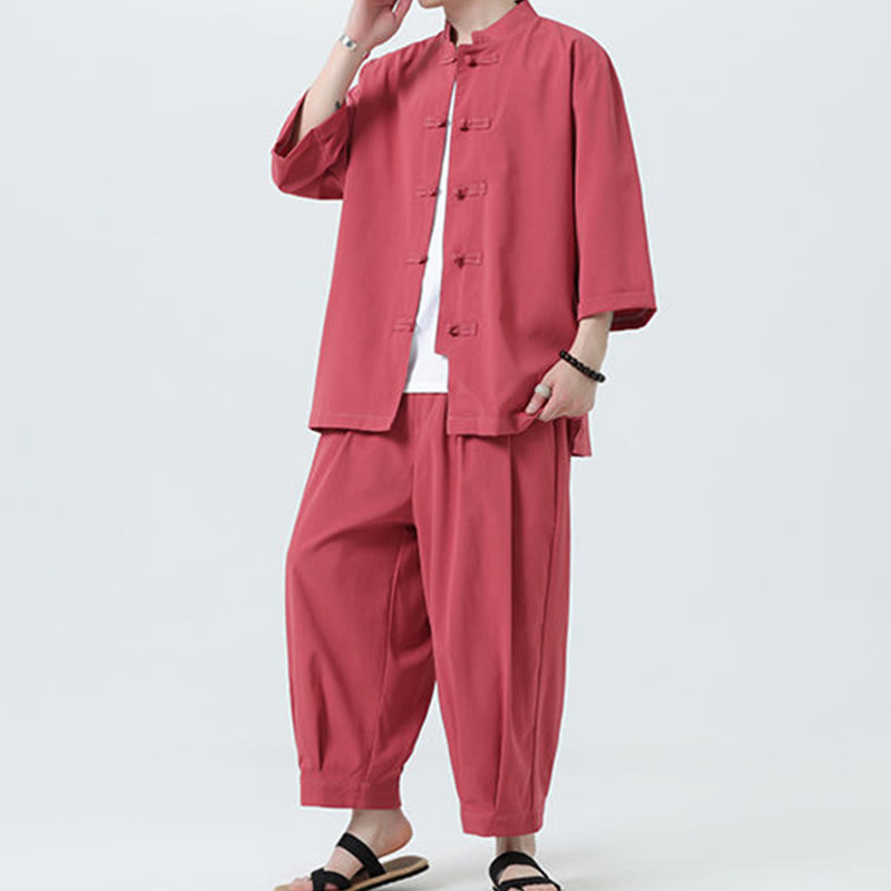 Buddha Stones 2Pcs Solid Frog-Button Three Quarter Sleeve Shirt Pants Men's Set