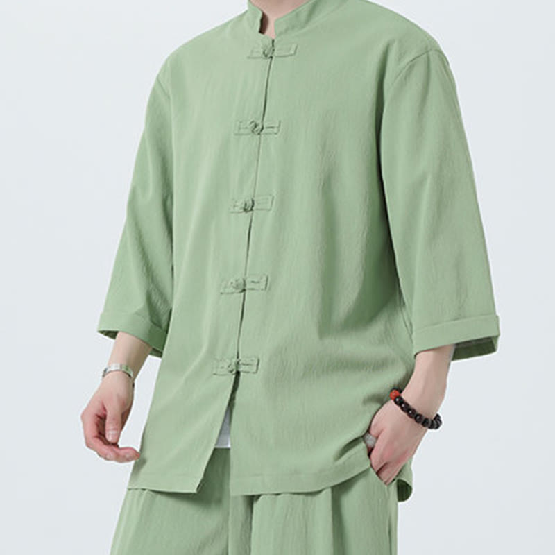 Buddha Stones 2Pcs Solid Frog-Button Three Quarter Sleeve Shirt Pants Men's Set