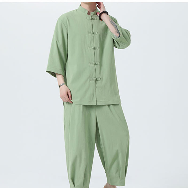 Buddha Stones 2Pcs Solid Frog-Button Three Quarter Sleeve Shirt Pants Men's Set