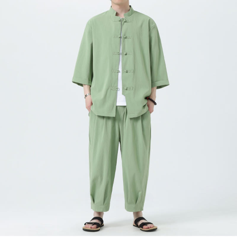 Buddha Stones 2Pcs Solid Frog-Button Three Quarter Sleeve Shirt Pants Men's Set