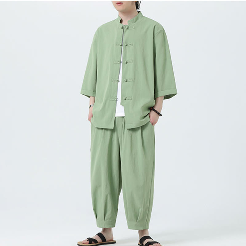 Buddha Stones 2Pcs Solid Frog-Button Three Quarter Sleeve Shirt Pants Men's Set