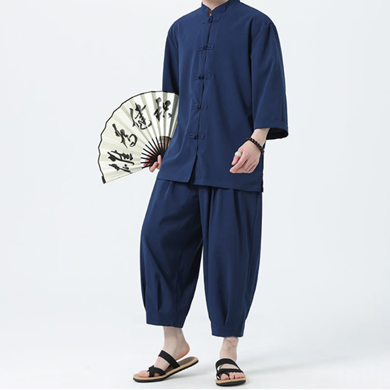 Buddha Stones 2Pcs Solid Frog-Button Three Quarter Sleeve Shirt Pants Men's Set