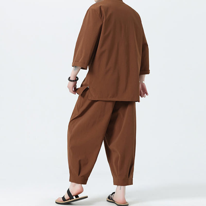 Buddha Stones 2Pcs Solid Frog-Button Three Quarter Sleeve Shirt Pants Men's Set