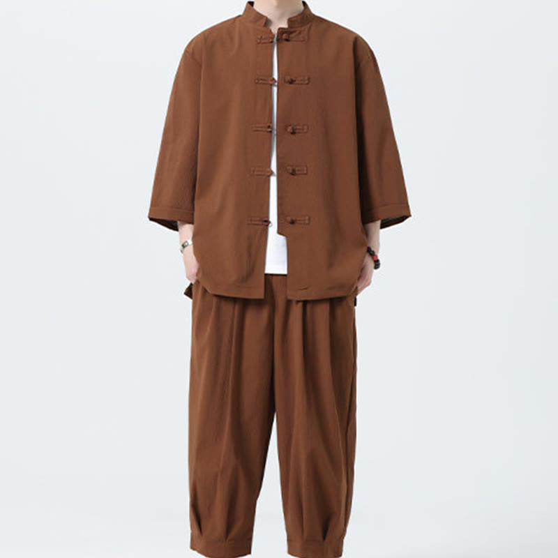 Buddha Stones 2Pcs Solid Frog-Button Three Quarter Sleeve Shirt Pants Men's Set