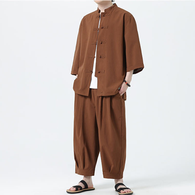 Buddha Stones 2Pcs Solid Frog-Button Three Quarter Sleeve Shirt Pants Men's Set