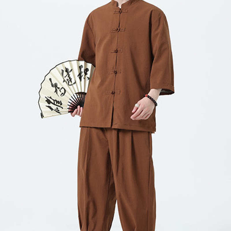 Buddha Stones 2Pcs Solid Frog-Button Three Quarter Sleeve Shirt Pants Men's Set