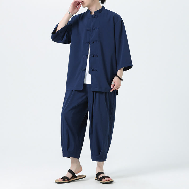 Buddha Stones 2Pcs Solid Frog-Button Three Quarter Sleeve Shirt Pants Men's Set