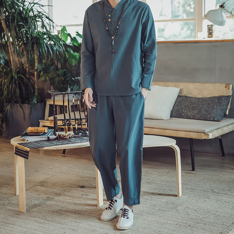 Buddha Stones 2Pcs Cotton Shirt Ankle-Length Pants With Pockets Men's Meditation Cloth Set