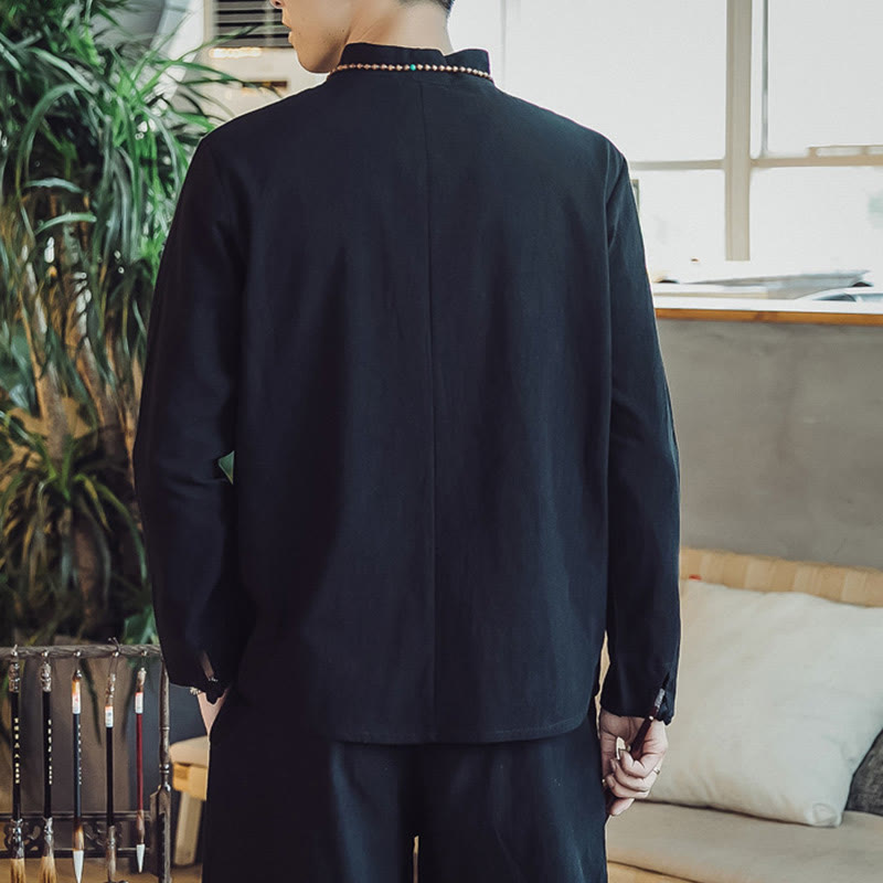 Buddha Stones 2Pcs Cotton Shirt Ankle-Length Pants With Pockets Men's Meditation Cloth Set