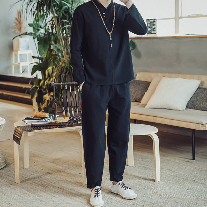 Buddha Stones 2Pcs Cotton Shirt Ankle-Length Pants With Pockets Men's Meditation Cloth Set