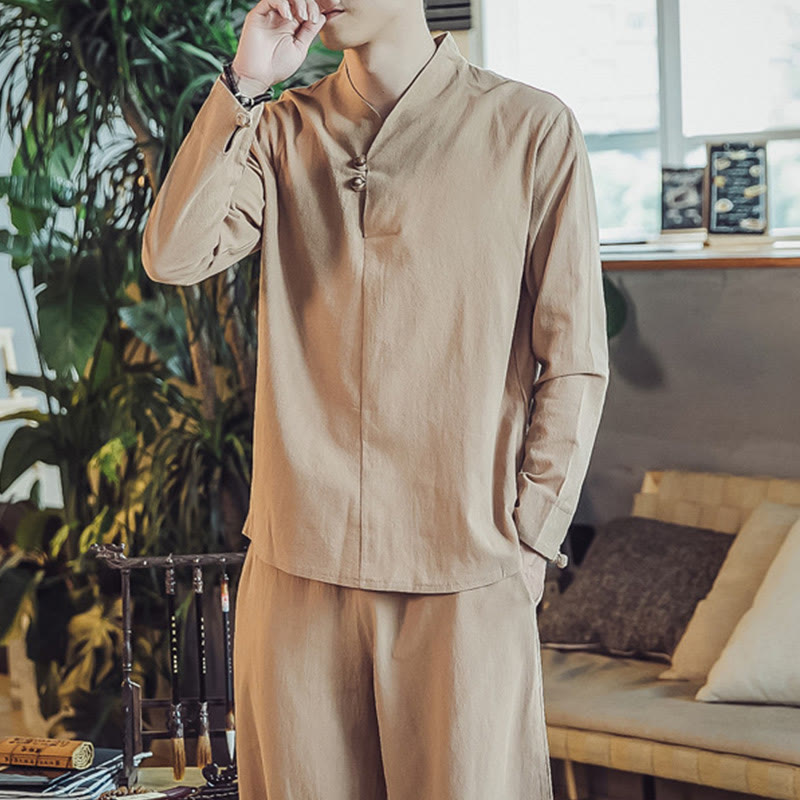 Buddha Stones 2Pcs Cotton Shirt Ankle-Length Pants With Pockets Men's Meditation Cloth Set