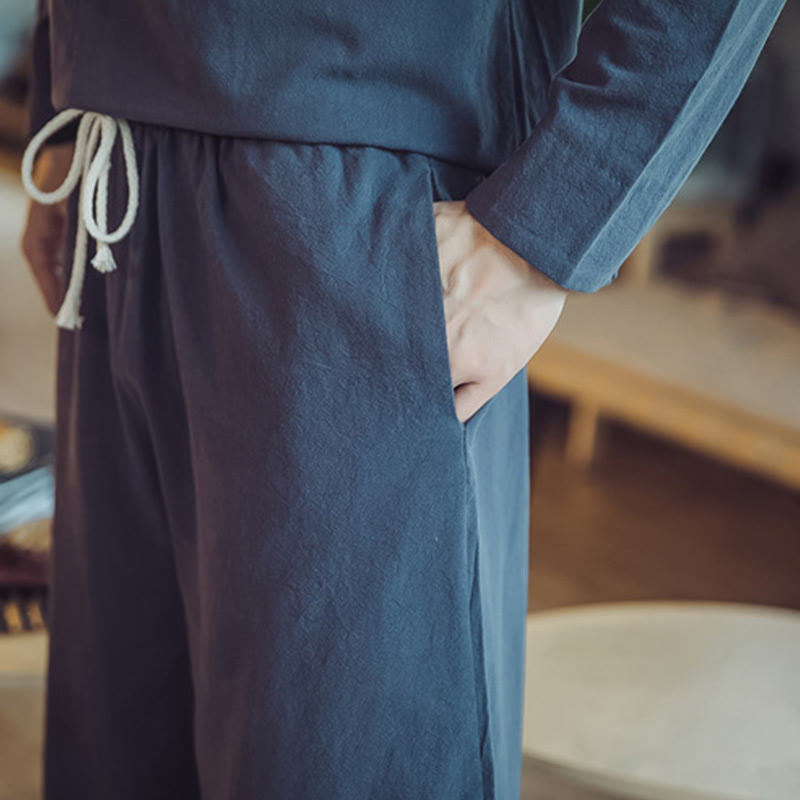 Buddha Stones 2Pcs Cotton Shirt Ankle-Length Pants With Pockets Men's Meditation Cloth Set