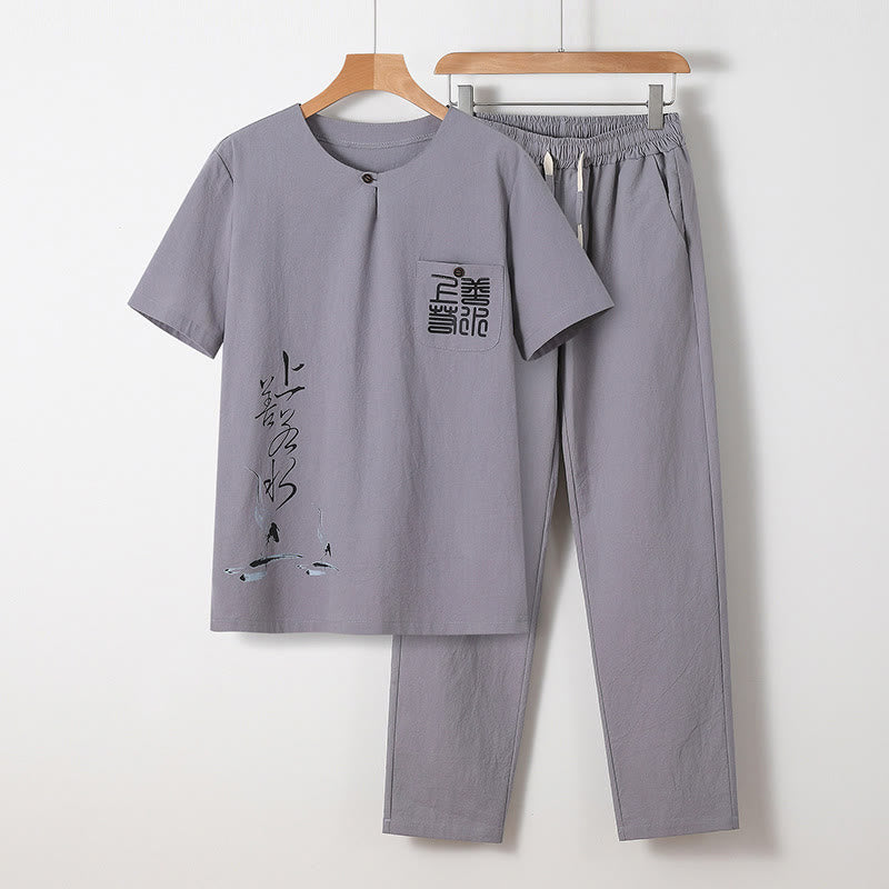 Buddha Stones 2Pcs Chinese Characters Crane Cotton Shirt Pants With Pockets Men's Meditation Cloth Set