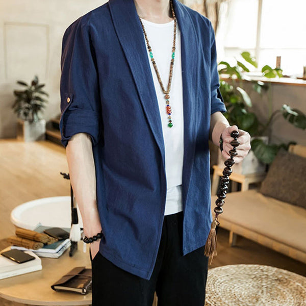 Buddha Stones Vintage Plain Lapel Open Front Jacket Cotton Men's Kimono