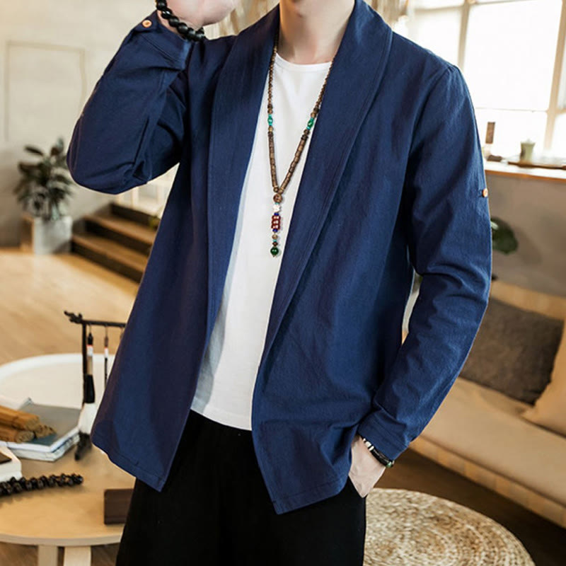 Buddha Stones Vintage Plain Lapel Open Front Jacket Cotton Men's Kimono