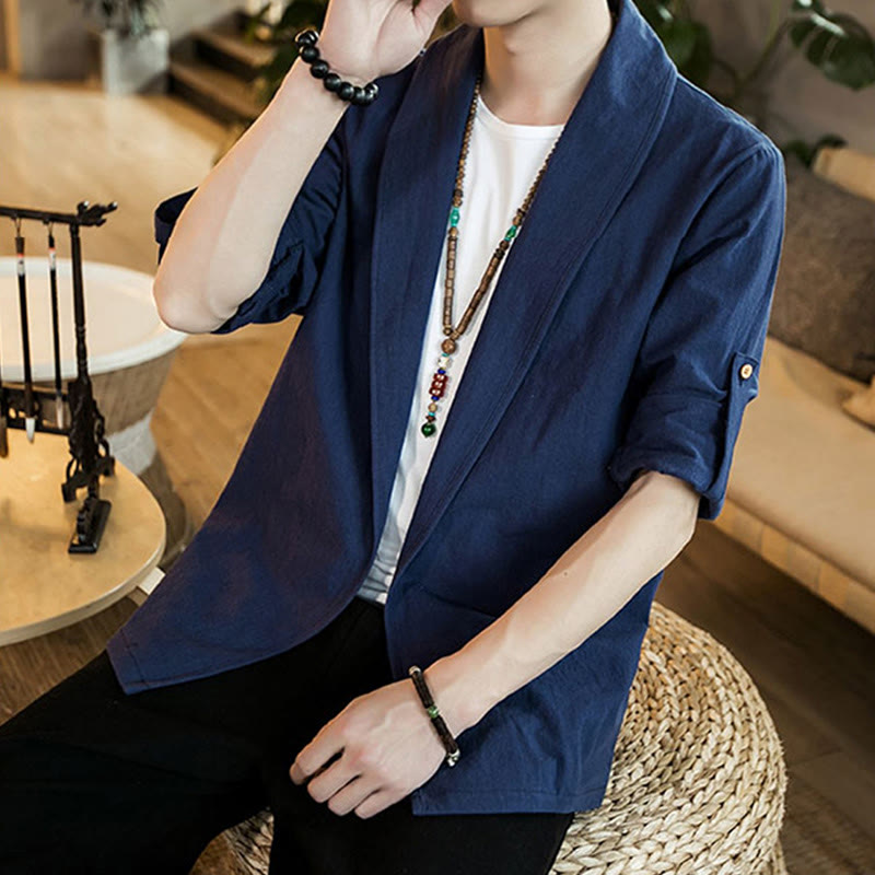 Buddha Stones Vintage Plain Lapel Open Front Jacket Cotton Men's Kimono