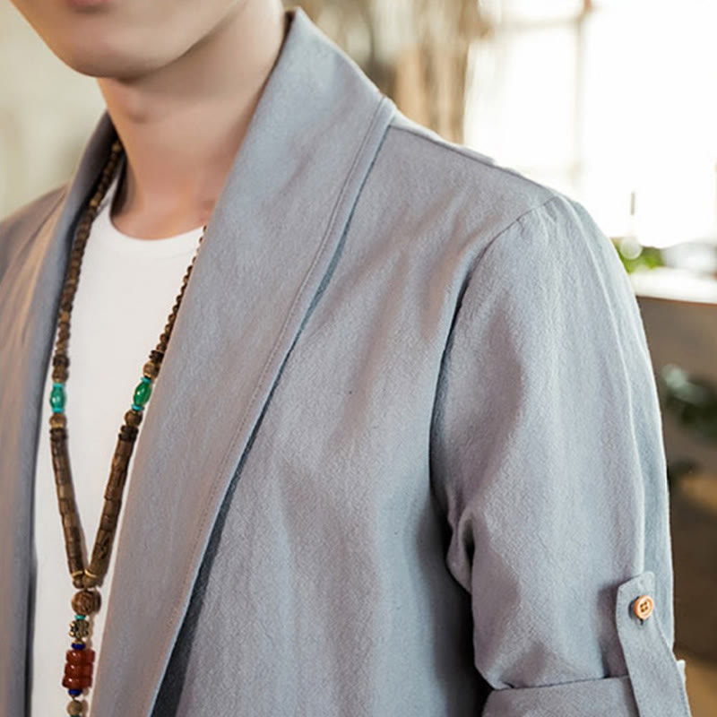 Buddha Stones Vintage Plain Lapel Open Front Jacket Cotton Men's Kimono