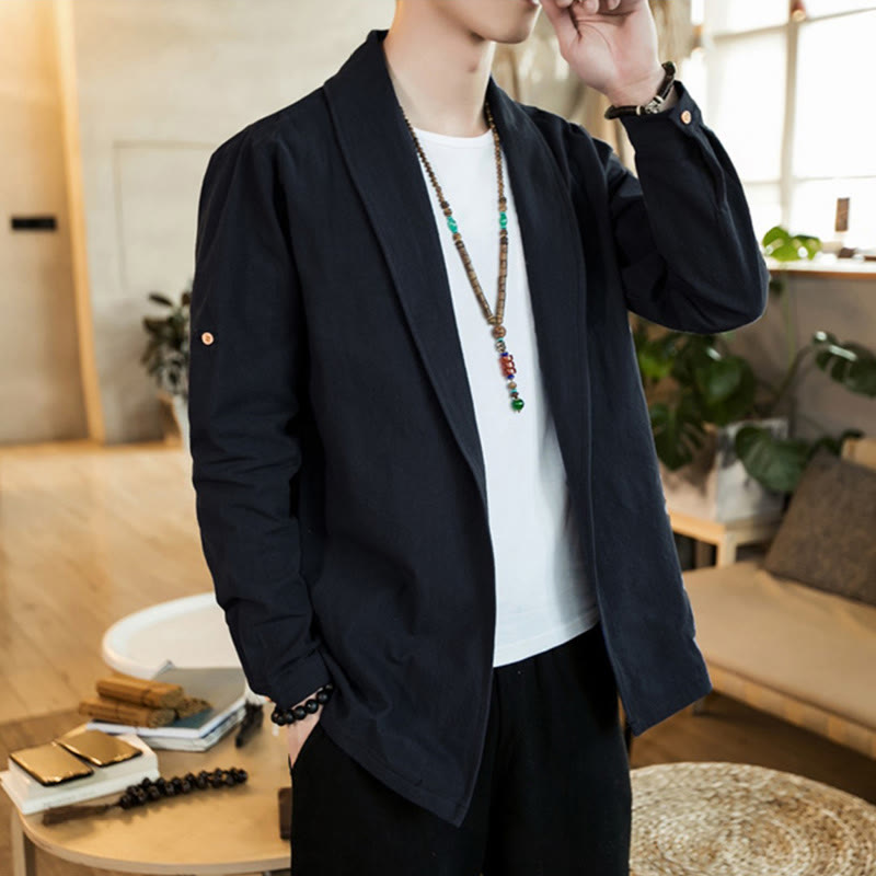 Buddha Stones Vintage Plain Lapel Open Front Jacket Cotton Men's Kimono