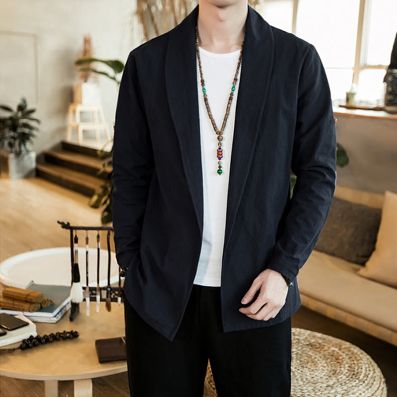 Buddha Stones Vintage Plain Lapel Open Front Jacket Cotton Men's Kimono