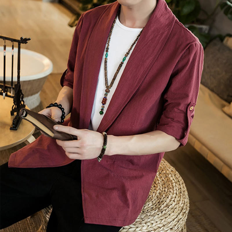 Buddha Stones Vintage Plain Lapel Open Front Jacket Cotton Men's Kimono