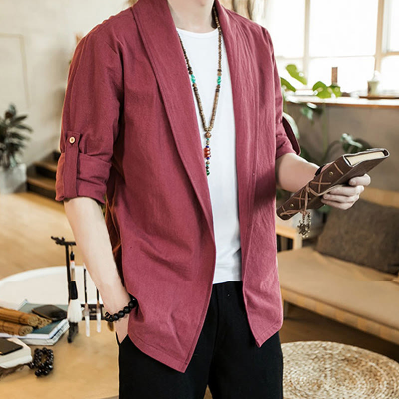 Buddha Stones Vintage Plain Lapel Open Front Jacket Cotton Men's Kimono