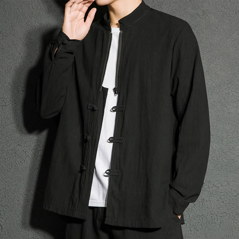 Buddha Stones Plain Zipper Chinese Frog-Button Cotton Long Sleeve Men's Shirt