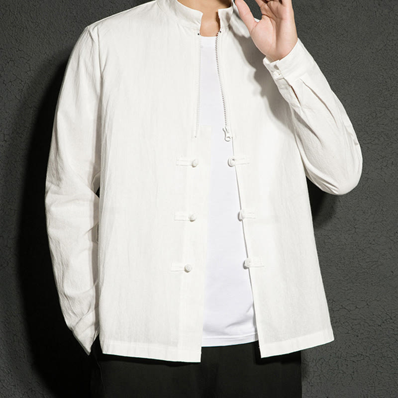 Buddha Stones Plain Zipper Chinese Frog-Button Cotton Long Sleeve Men's Shirt