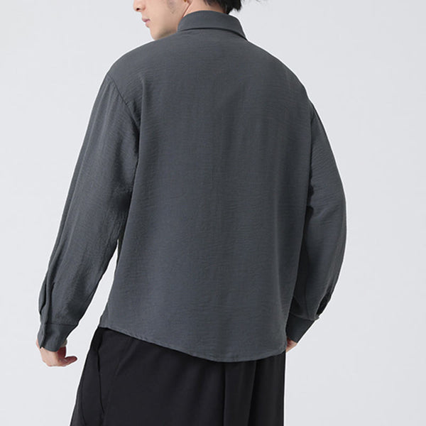 Buddha Stones Plain Buttons Stand Collar Long Sleeve Men's Cotton Shirt