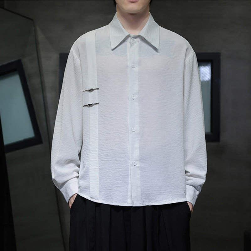 Buddha Stones Plain Buttons Stand Collar Long Sleeve Men's Cotton Shirt