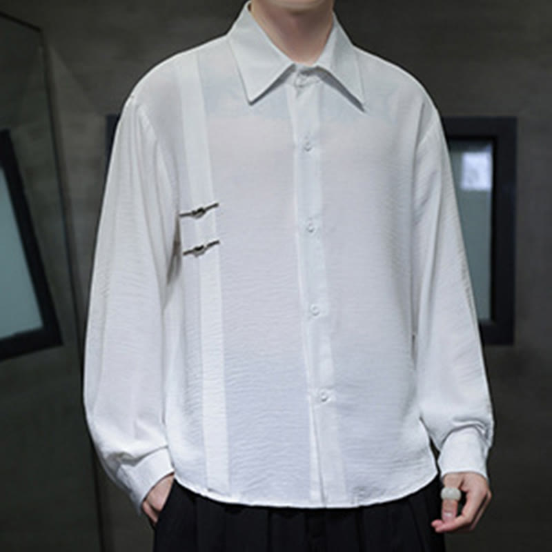 Buddha Stones Plain Buttons Stand Collar Long Sleeve Men's Cotton Shirt