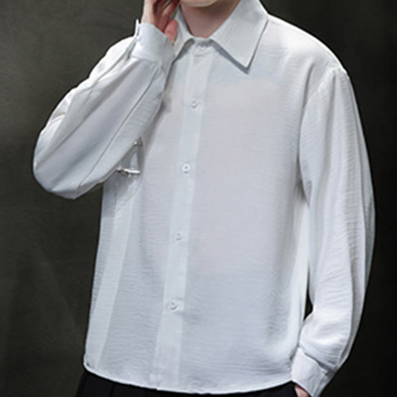 Buddha Stones Plain Buttons Stand Collar Long Sleeve Men's Cotton Shirt
