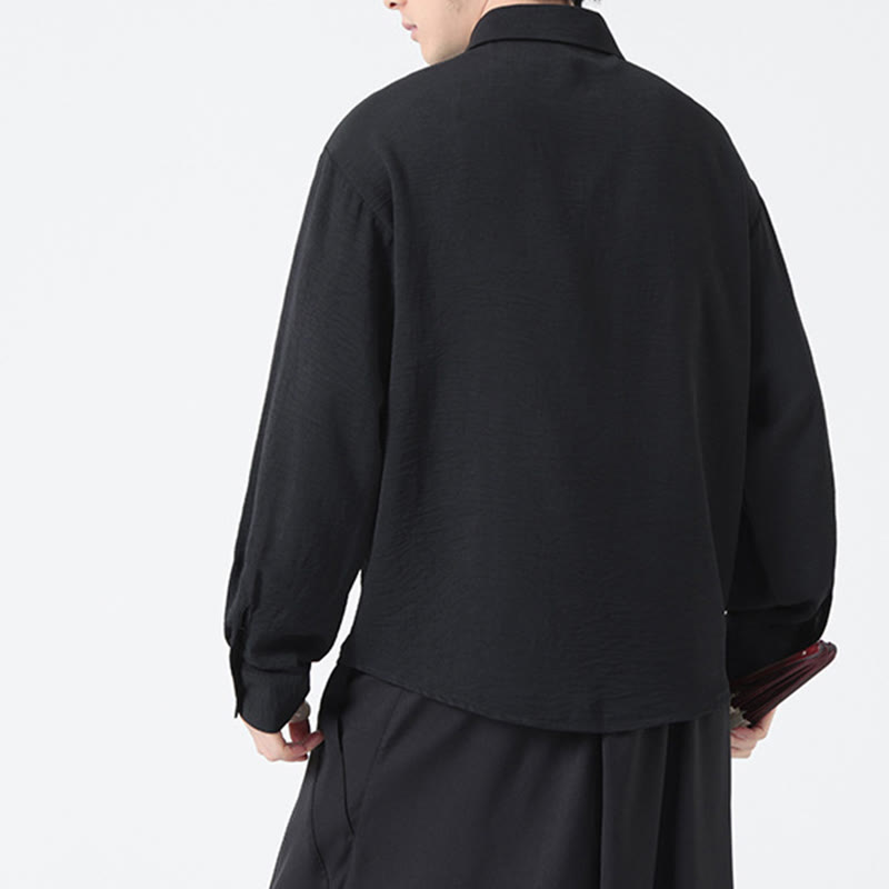 Buddha Stones Plain Buttons Stand Collar Long Sleeve Men's Cotton Shirt