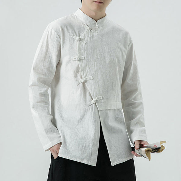 Buddha Stones Vintage Chinese Frog-Button Cotton Long Sleeve Men's Shirt