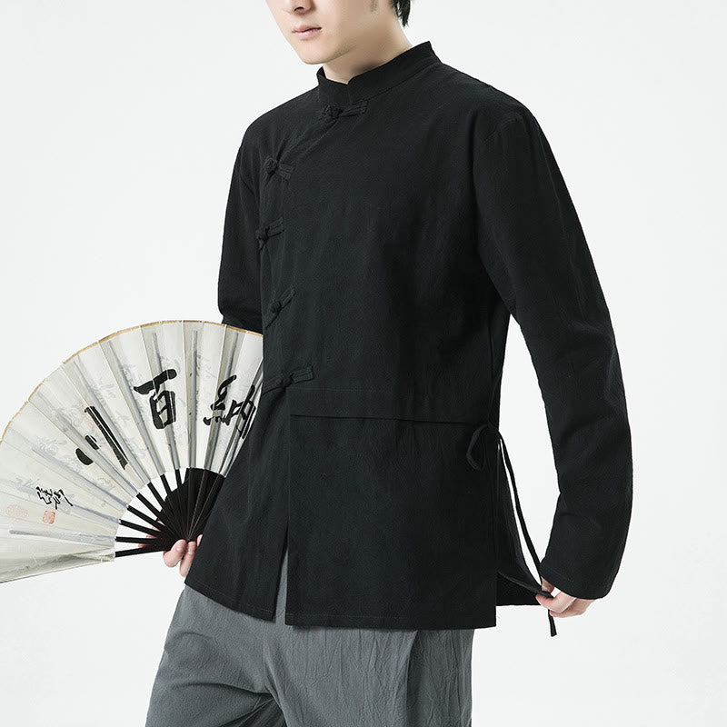 Buddha Stones Vintage Chinese Frog-Button Cotton Long Sleeve Men's Shirt