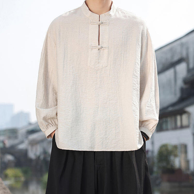 Buddha Stones Two Frog-Button Stand Collar Long Sleeve Men's Cotton Shirt