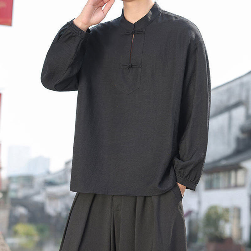 Buddha Stones Two Frog-Button Stand Collar Long Sleeve Men's Cotton Shirt