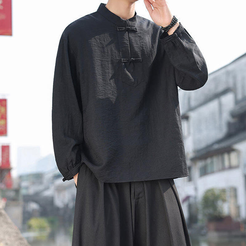 Buddha Stones Two Frog-Button Stand Collar Long Sleeve Men's Cotton Shirt