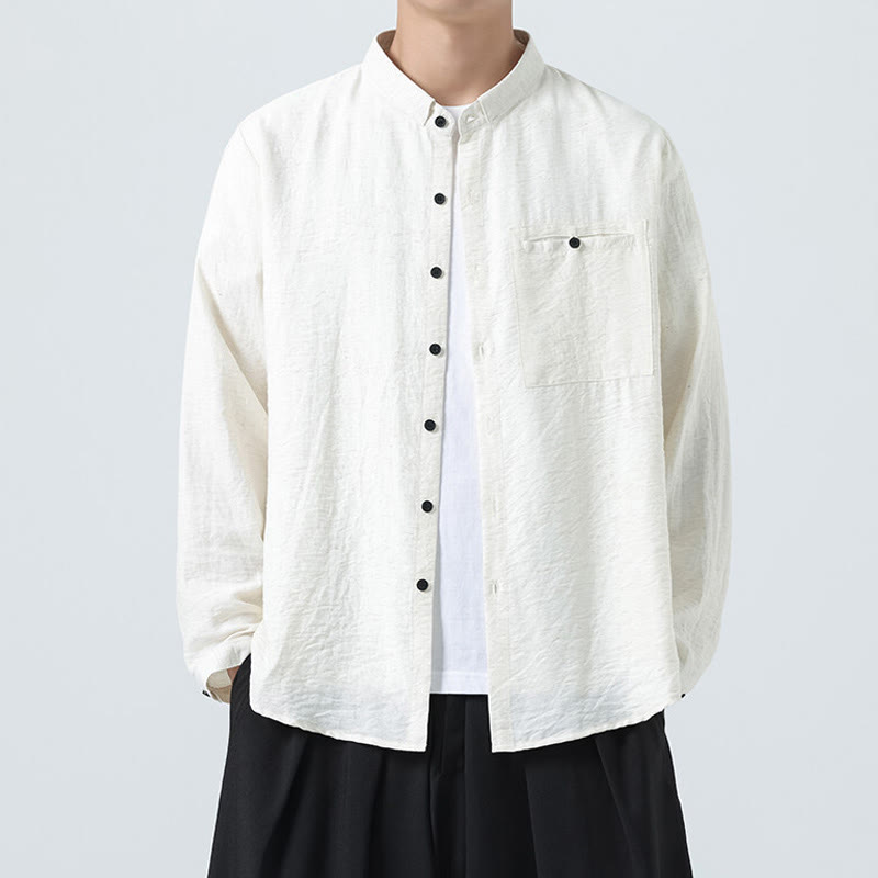 Buddha Stones Vintage Plain Buttons Down Stand Collar Long Sleeve Men's Cotton Shirt