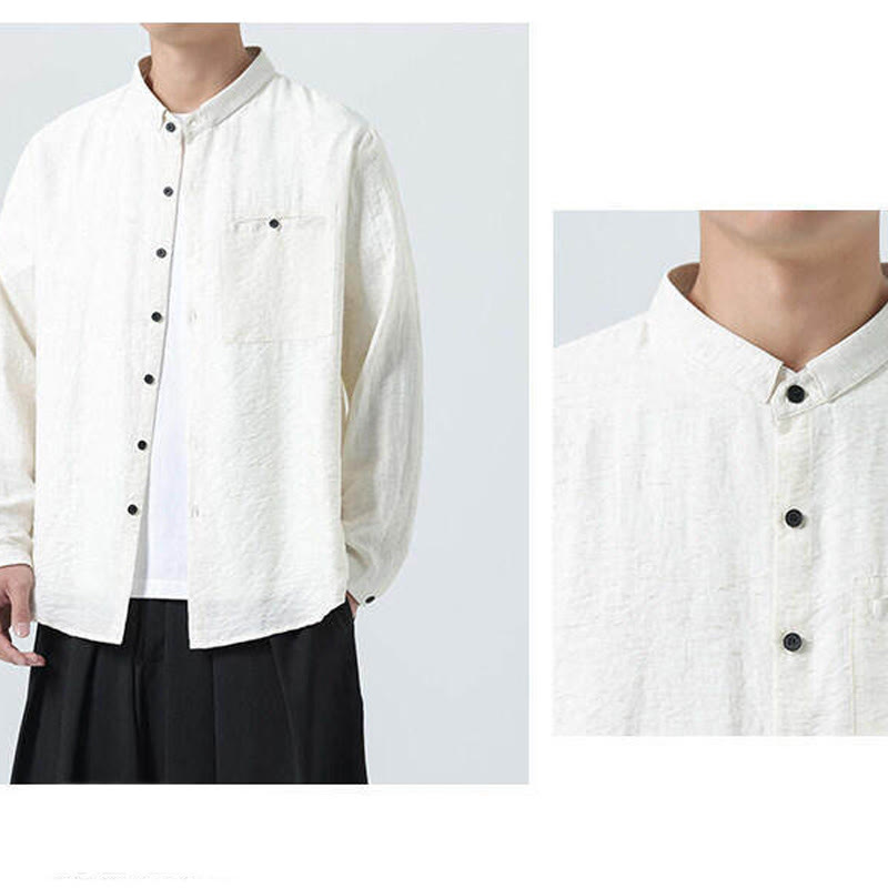 Buddha Stones Vintage Plain Buttons Down Stand Collar Long Sleeve Men's Cotton Shirt