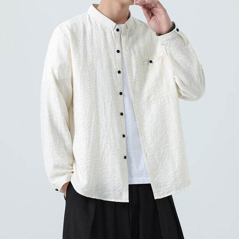 Buddha Stones Vintage Plain Buttons Down Stand Collar Long Sleeve Men's Cotton Shirt