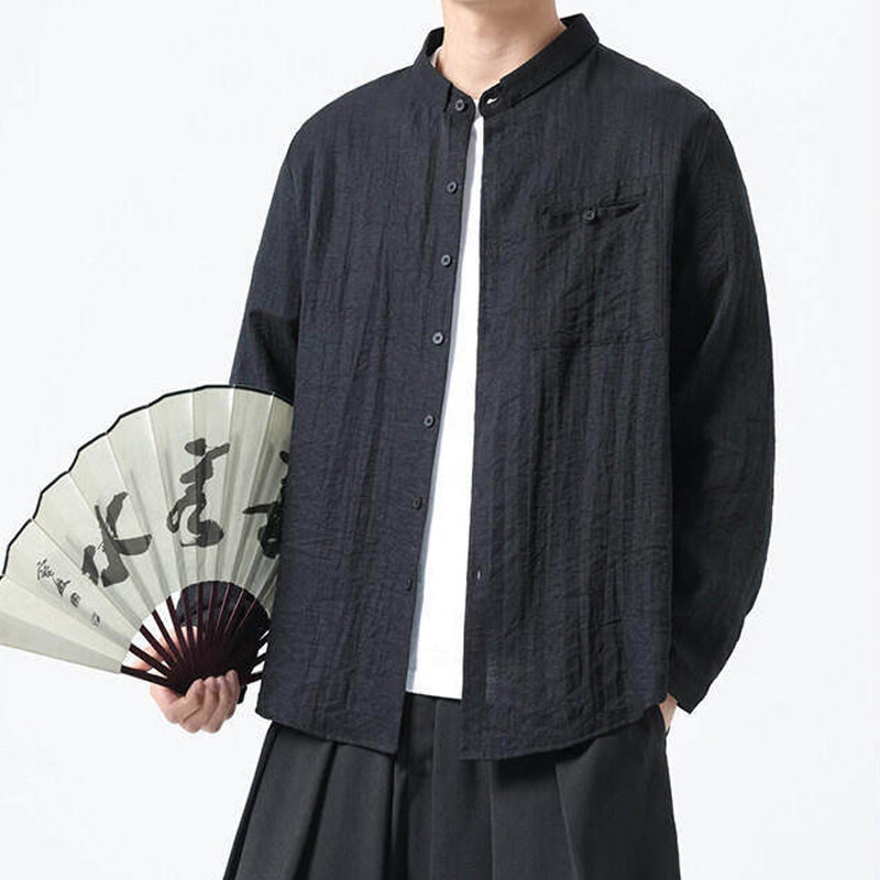 Buddha Stones Vintage Plain Buttons Down Stand Collar Long Sleeve Men's Cotton Shirt
