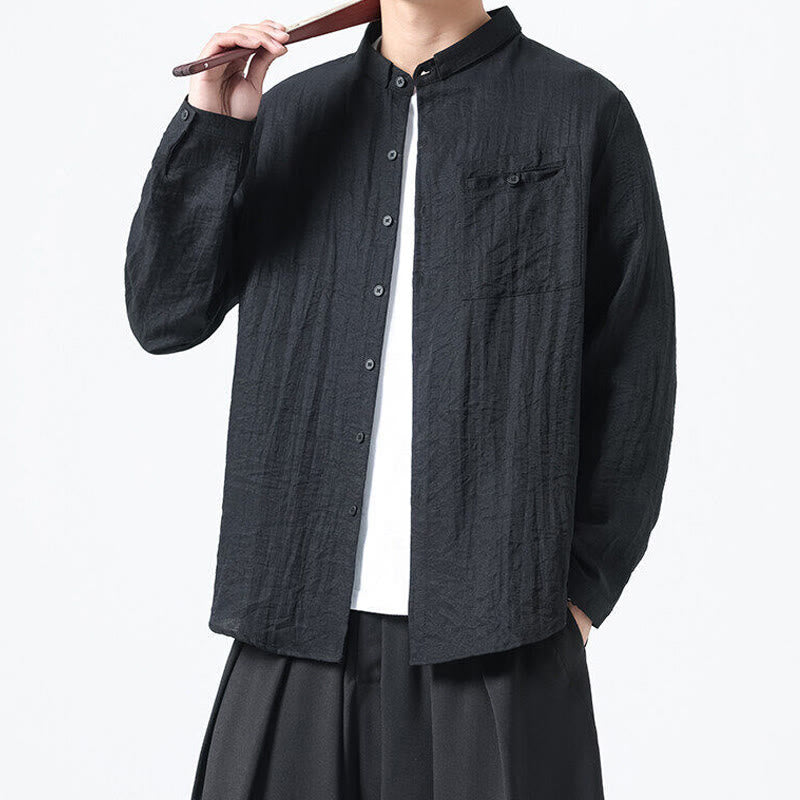 Buddha Stones Vintage Plain Buttons Down Stand Collar Long Sleeve Men's Cotton Shirt