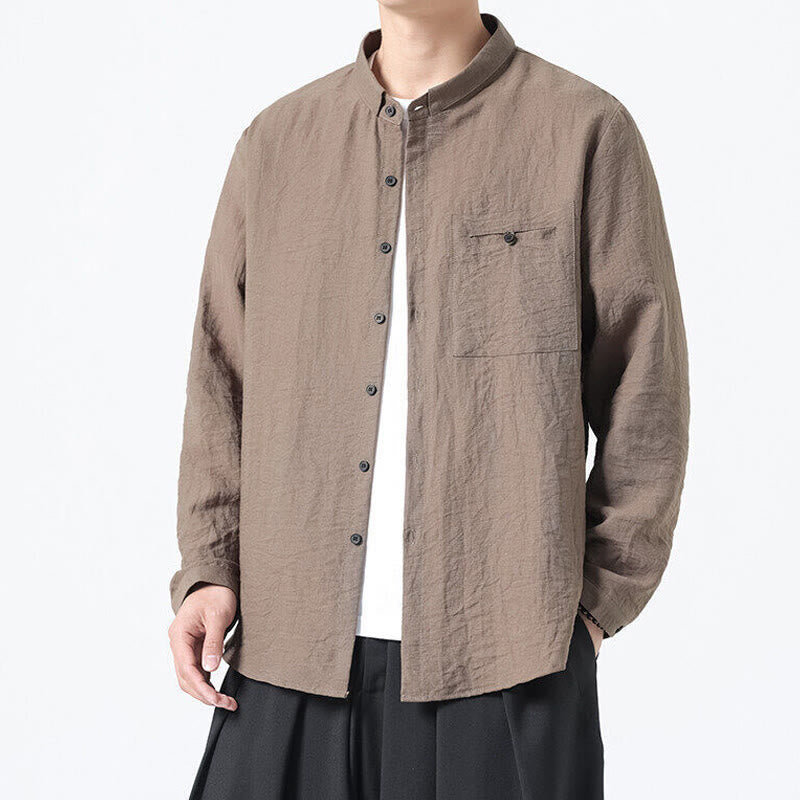 Buddha Stones Vintage Plain Buttons Down Stand Collar Long Sleeve Men's Cotton Shirt